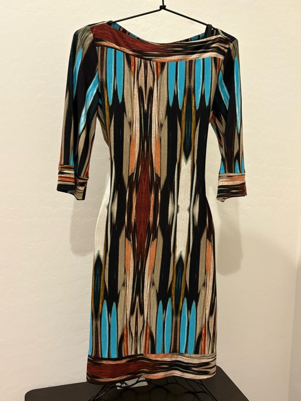 dressbarn Multicolor Long Sleeve Geometric Shift Dress - Blue, Black & Brown